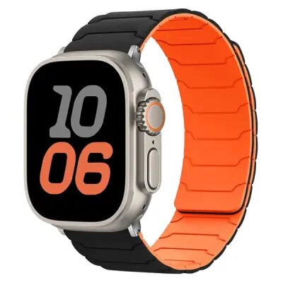 Mobile and Smartphones/ ZTE/ Silicone Strap for Apple Watch Series 10 Ultra 9 8 7 SE 6 5 4 3 2 1 46mm 49mm 45mm 44mm 42mm Magnetic Band - Black+Orange