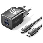 დამტენი: Vention TZ-FEQB0-EU-01 2-Port USB/USB-C GaN Charger (30W/30W) with USB-C Cable (1m) EU-Plug Black